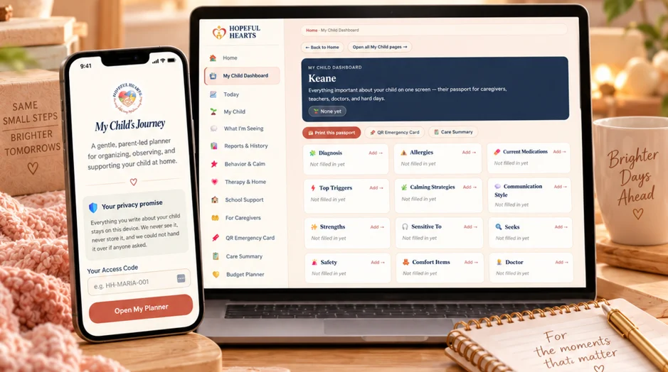 My Child’s Journey planner shown on a laptop and phone, with the child dashboard and planner access screen